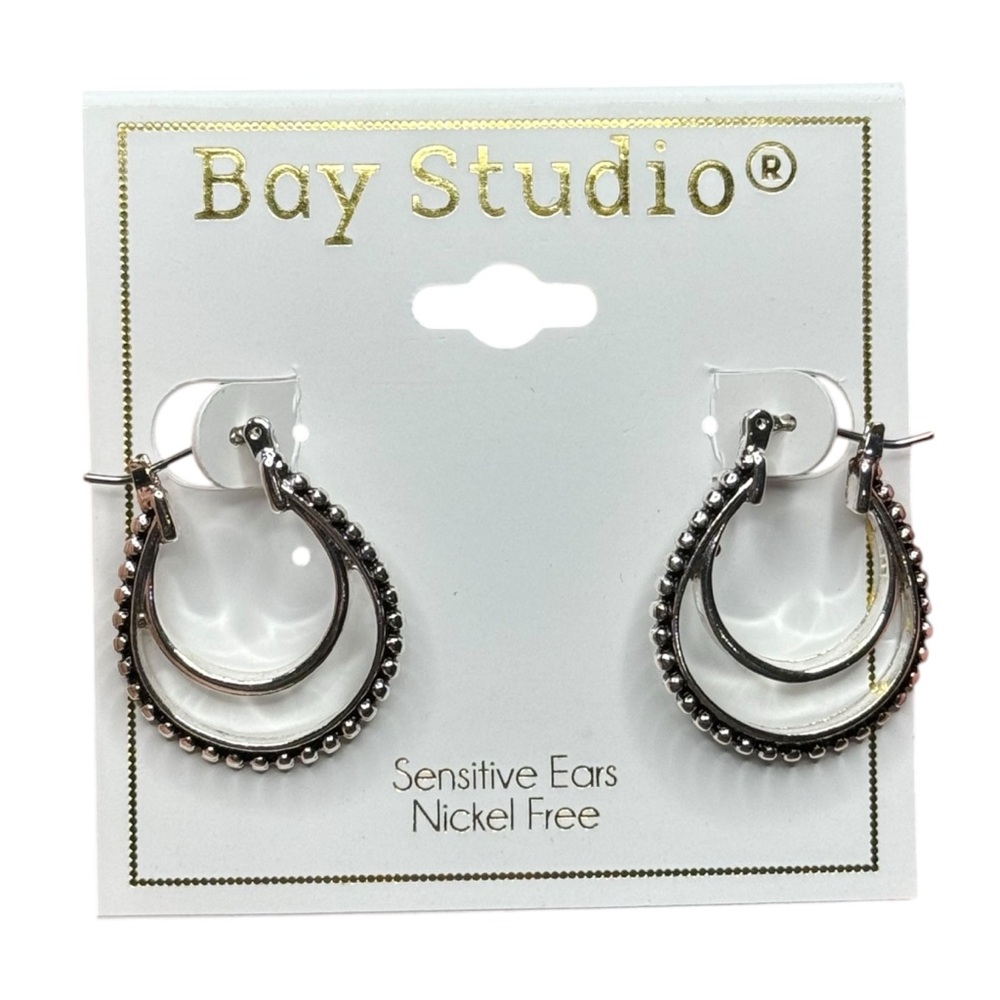 BAY STUDIO Silver Hoops Beaded Nickel Free Earrings Hinge Back NEW